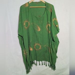 Bali Collection Emerald Green Fringed Poncho Batik One Size